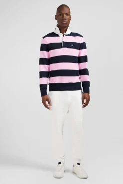 Sweat Bleu Fonce A Rayures Et Col Polo