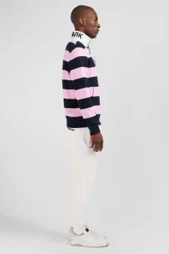 Sweat Bleu Fonce A Rayures Et Col Polo