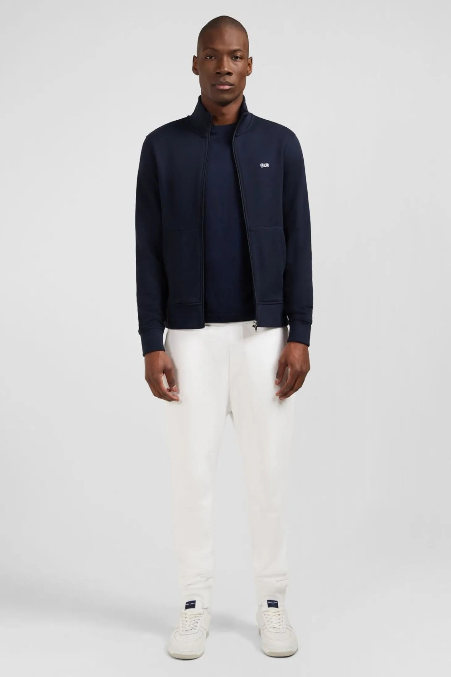 Sweat Bleu Fonce Zippe A Col Montant
