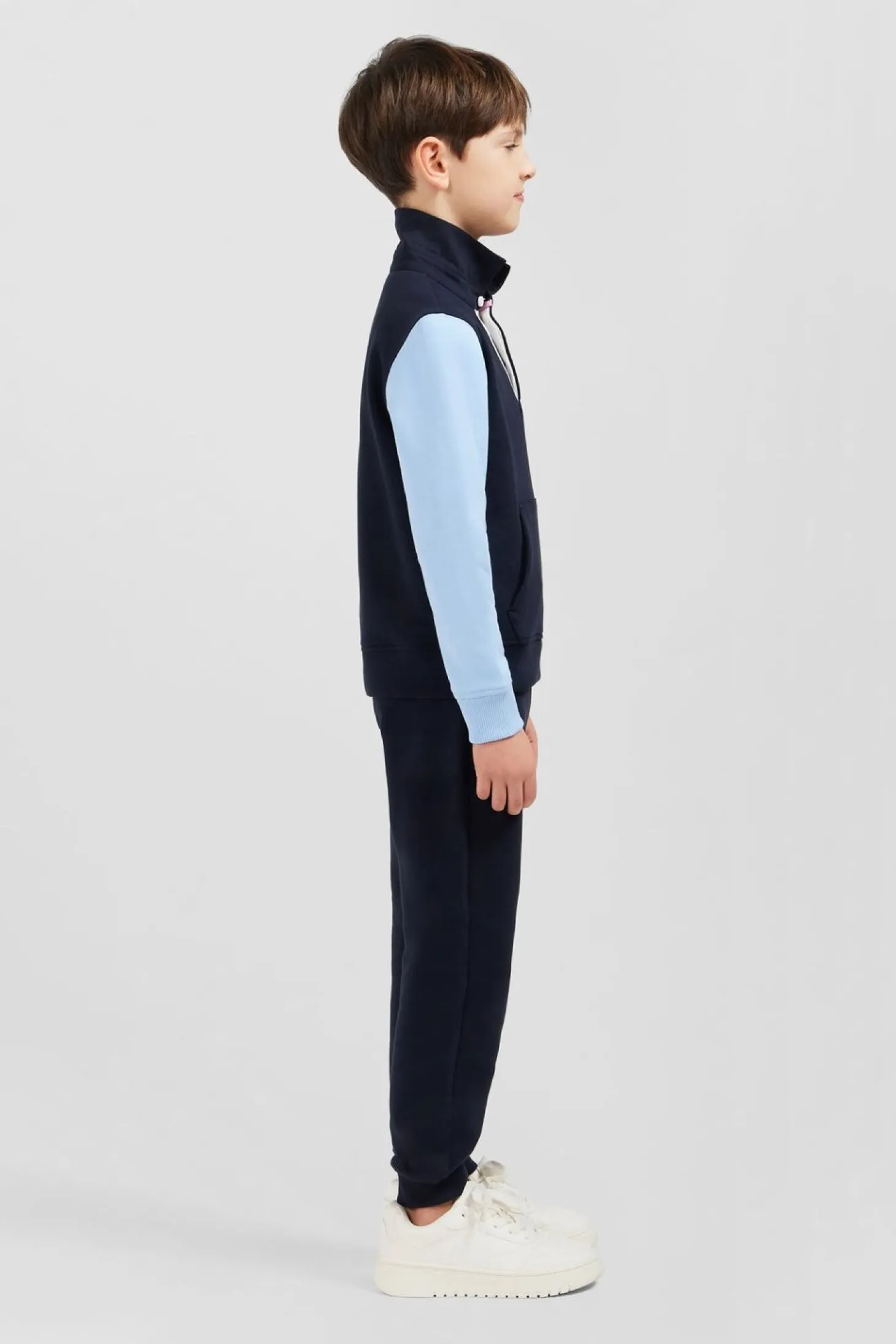 Sweatshirt Col Polo Marine Manches Bicolores En Coton