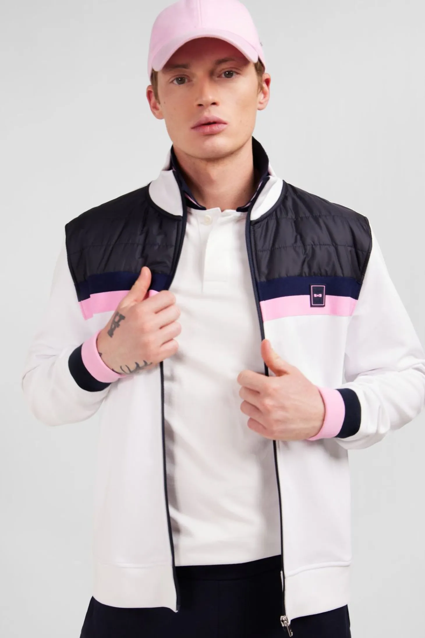 Sweatshirt Zippe En Coton Melange Blanc Inserts Matelasses