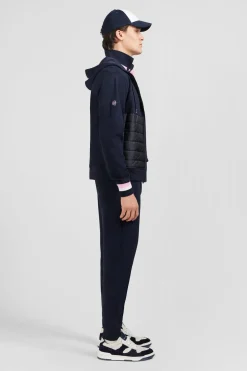 Sweat Zippe Bleu Fonce A Capuche Tricolore
