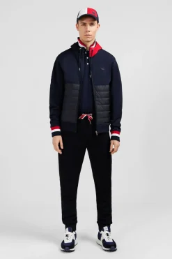 Sweat Zippe Bleu Fonce A Capuche Tricolore