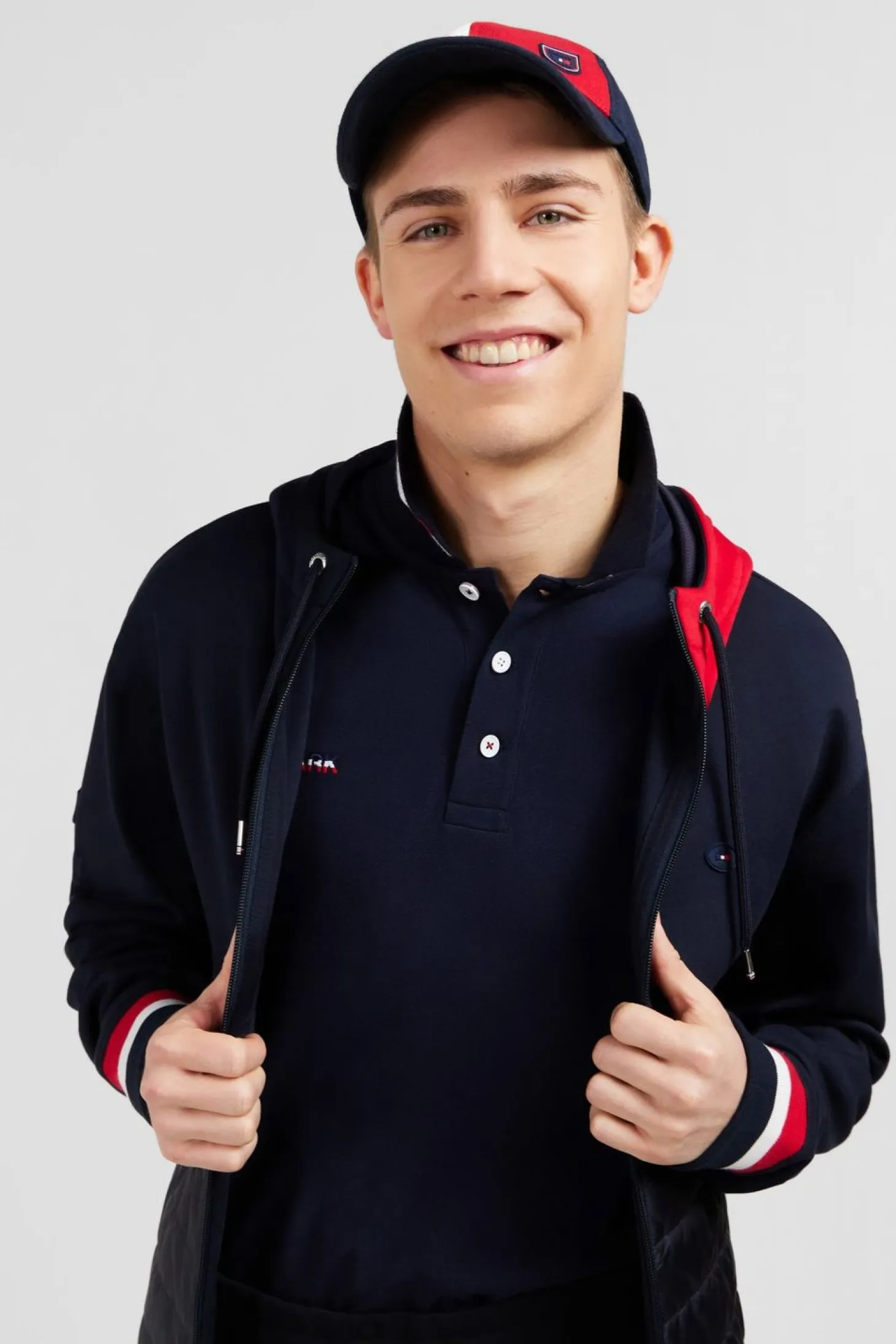 Sweat Zippe Bleu Fonce A Capuche Tricolore