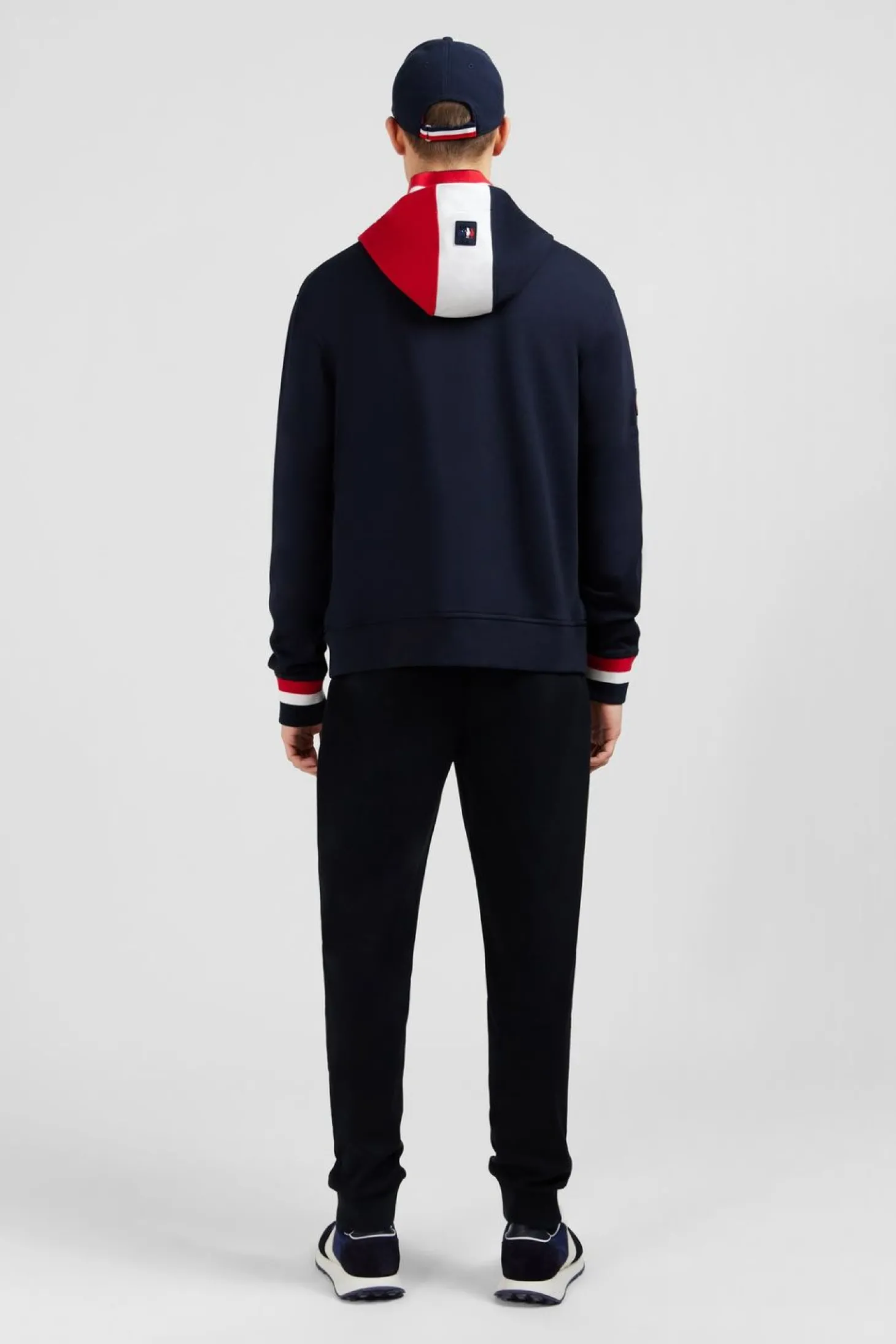 Sweat Zippe Bleu Fonce A Capuche Tricolore