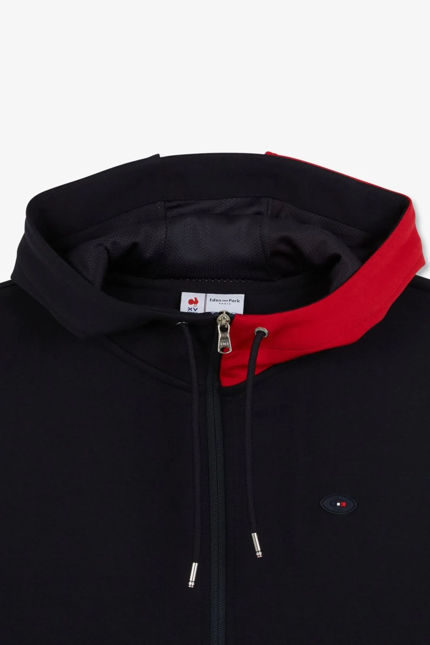Sweat Zippe Bleu Fonce A Capuche Tricolore