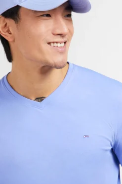 T-Shirt Bleu Col V A Manches Longues