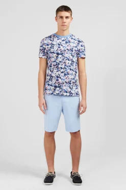 T-Shirt Bleu En Coton Pique Imprime Fleuri