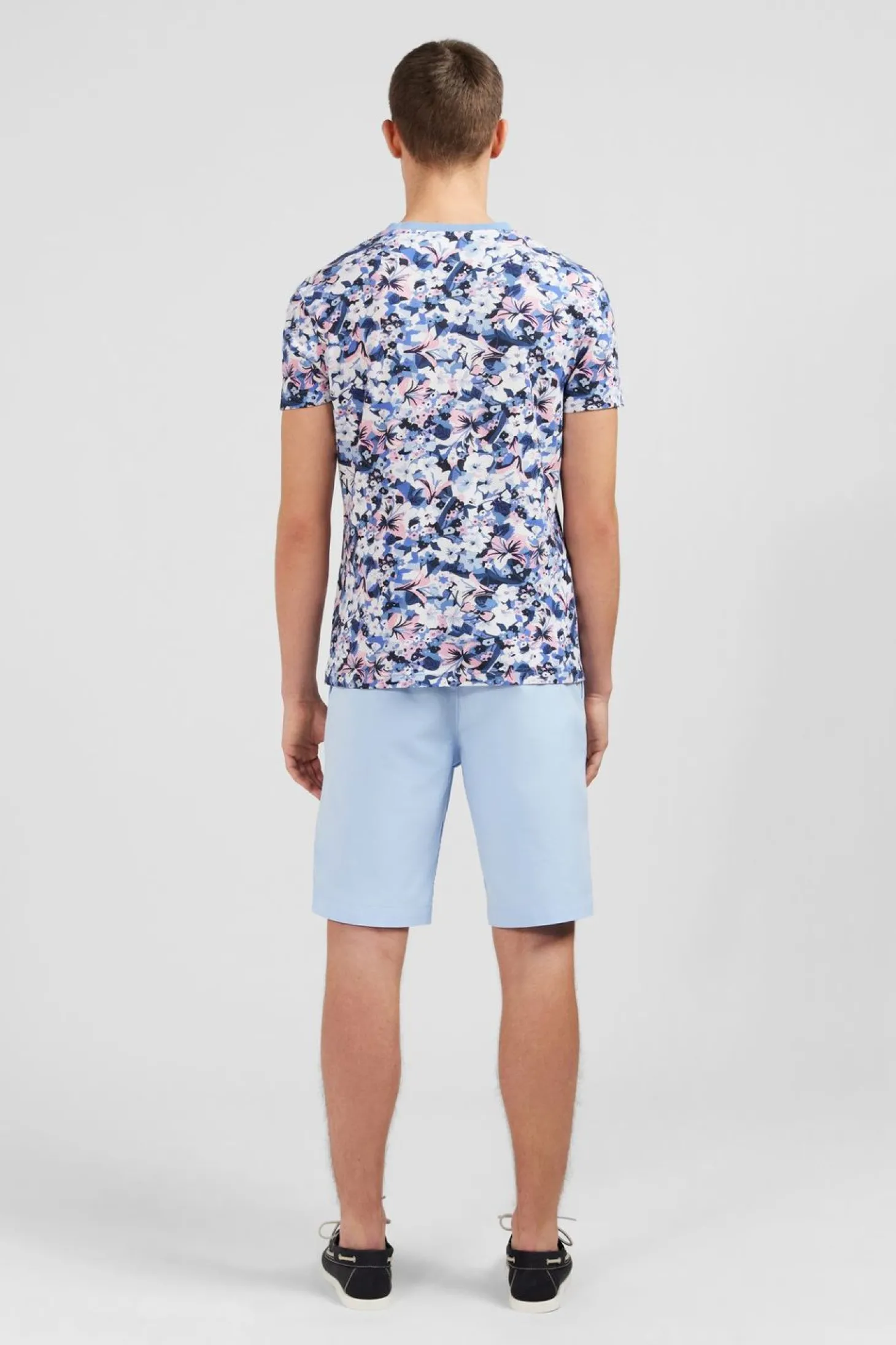 T-Shirt Bleu En Coton Pique Imprime Fleuri