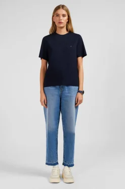 T-Shirt Bleu Fonce Uni A Manches Courtes
