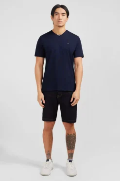 T-Shirt Bleu Marine Col V A Manches Courtes