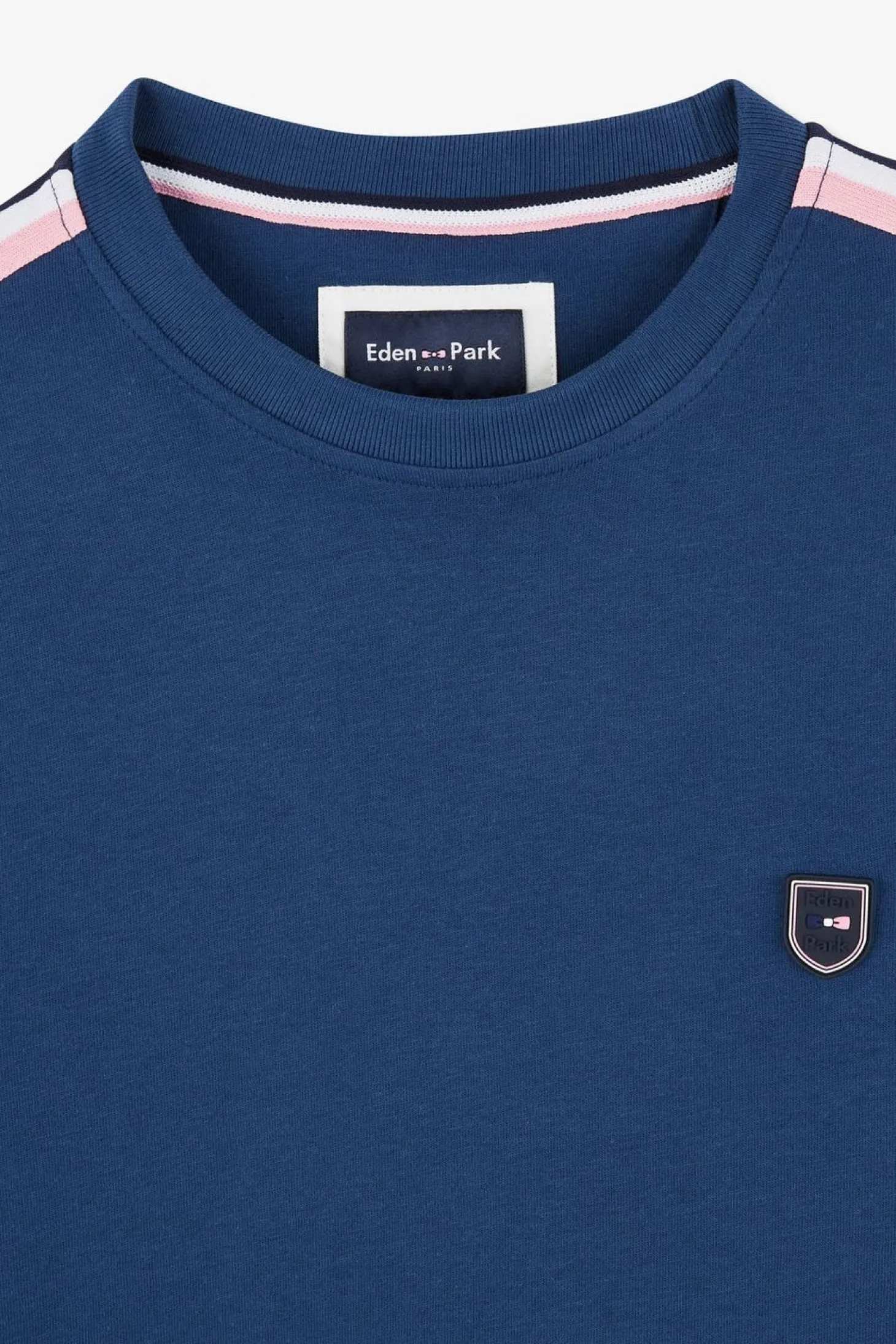 T-Shirt Manches Courtes Marine En Coton Galons Epaules Tricolores