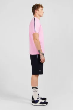 T-Shirt Manches Courtes Rose En Coton Galons Epaules Tricolores