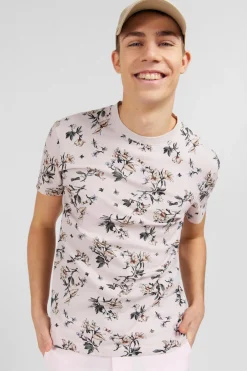 T-Shirt Manches Courtes Rose Imprime Feuilles