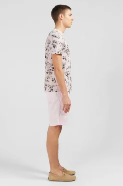 T-Shirt Manches Courtes Rose Imprime Feuilles