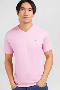 T-Shirt Rose Col V A Manches Courtes