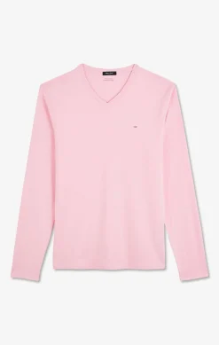 T-Shirt Rose Col V A Manches Longues